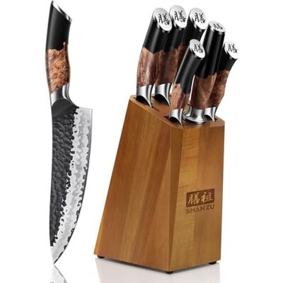 SHAN ZU Handsmidda Köksknivset, 7 delar Japansk Knivset med Knivblock, 9Cr18MOV Stålkockkniv (7 lager), Handtag i Lönnträ SHAN ZU Handsmidda Köksknivset, 7 delar Japansk Knivset med Knivblock, 9Cr18MOV Stålkockkniv (7 lager), Handtag i Lönnträ