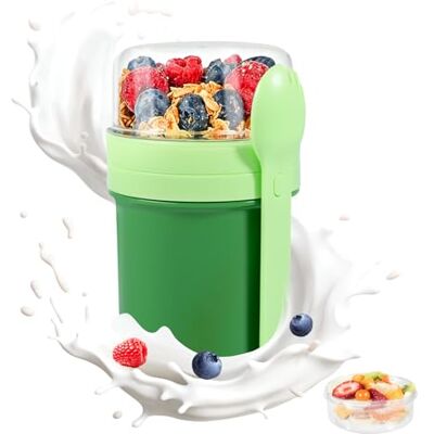Carehabi müslimugg To Go, 250 + 550 ml, yoghurtmugg To Go, läckagesäker flingkopp med sked och såsbehållare, BPA-fri frukostlåda för barn och vuxna, grön Carehabi müslimugg To Go, 250 + 550 ml, yoghurtmugg To Go, läckagesäker flingkopp med sked och såsbehållare, BPA-fri frukostlåda för barn och vuxna, grön