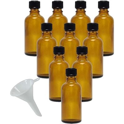 mikken 10 x bruna apoteksflaskor 50 ml tillverkade i Tyskland, inklusive märkningsetiketter + tratt mikken 10 x bruna apoteksflaskor 50 ml tillverkade i Tyskland, inklusive märkningsetiketter + tratt