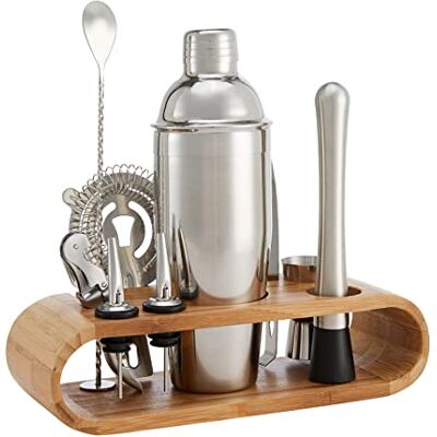 Amazon Basics Barsats, rostfritt stål, med bambustativ, 10 delar Amazon Basics Barsats, rostfritt stål, med bambustativ, 10 delar