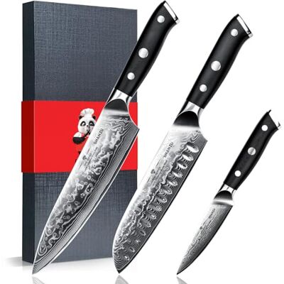 SHAN ZU 3-delad Damaskus Köksknivset, Japanskt Knivset 67 lager Superskarpt Japanskt Stål, Kockkniv, Santoku-kniv, Skalkniv PRO Series SHAN ZU 3-delad Damaskus Köksknivset, Japanskt Knivset 67 lager Superskarpt Japanskt Stål, Kockkniv, Santoku-kniv, Skalkniv PRO Series