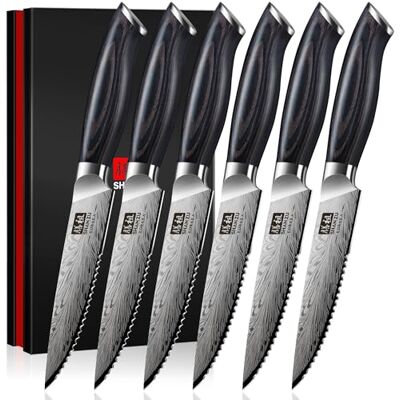 SHAN ZU Set of 6 Steak Knives, High Carbon Kitchen Knife Set, 63 HRC, Professional Meat Knife with 12° Sharpening Angle and Ergonomic Handle SHAN ZU Set of 6 Steak Knives, High Carbon Kitchen Knife Set, 63 HRC, Professional Meat Knife with 12° Sharpening Angle and Ergonomic Handle