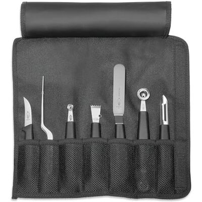 Dick F. Tjockt garneringsset i rullväska 7 delar (komplett set, sparskarv, vinkelpalett, 2 fruktskärare, urkärnare, skrapa, skjutkniv), rostfritt stål, 34 cm Dick F. Tjockt garneringsset i rullväska 7 delar (komplett set, sparskarv, vinkelpalett, 2 fruktskärare, urkärnare, skrapa, skjutkniv), rostfritt stål, 34 cm