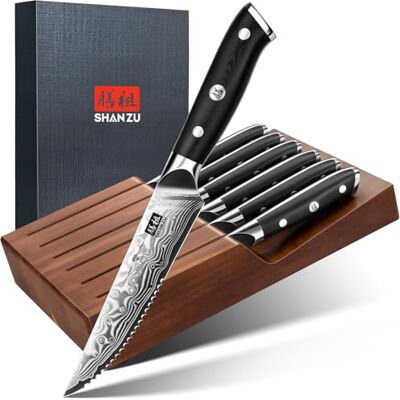 SHAN ZU Damascus Steakknivset med Knivblock, 6-Delat Bestickset FöR Stek Tillverkat av 67-Lagers Japanskt DamascusståL, Ergonomiskt G10-Handtag Pro-Serien SHAN ZU Damascus Steakknivset med Knivblock, 6-Delat Bestickset FöR Stek Tillverkat av 67-Lagers Japanskt DamascusståL, Ergonomiskt G10-Handtag Pro-Serien
