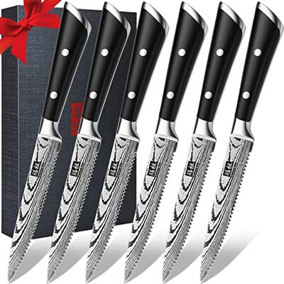 SHAN ZU Biffknivar Set med 6, Bordsknivar, Tandad Bordskniv 12 cm, Stekknivset i Rostfritt Stål med Hög Kolhalt, Biffknivar med Presentförpackning SHAN ZU Biffknivar Set med 6, Bordsknivar, Tandad Bordskniv 12 cm, Stekknivset i Rostfritt Stål med Hög Kolhalt, Biffknivar med Presentförpackning