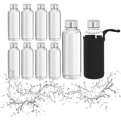 Relaxdays Vattenflaska glas set om 10, 360 ml, läckagesäker, diskmaskinssäker, fodral, vattenflaska, transparent/svart Relaxdays Vattenflaska glas set om 10, 360 ml, läckagesäker, diskmaskinssäker, fodral, vattenflaska, transparent/svart