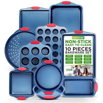 Nutrichef Bakplåtsset non-stick ugnsbakningsredskap 10 delar – bakbrickor och burkar med silikonhandtag, kakplåt, muffinsform, brödform, runda och fyrkantiga kakformar diskmaskinssäkra Nutrichef Bakplåtsset non-stick ugnsbakningsredskap 10 delar – bakbrickor och burkar med silikonhandtag, kakplåt, muffinsform, brödform, runda och fyrkantiga kakformar diskmaskinssäkra
