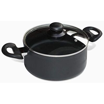 Baumalu , Lätt 24 cm smidd aluminiumgryta med glaslock, non-stick beläggning, svart utsida, bakelithandtag med rostfritt stålskydd, kompatibel med alla spisar och induktion Baumalu , Lätt 24 cm smidd aluminiumgryta med glaslock, non-stick beläggning, svart utsida, bakelithandtag med rostfritt stålskydd, kompatibel med alla spisar och induktion