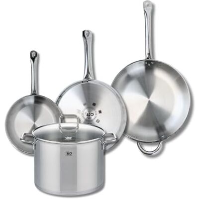 FACKELMANN ELO 9511250 4 delar köksredskap, set med 3 stekpannor 24, 28 och 32 cm och 1 gryta 26 cm Elo Profi citrin, rostfritt stål, induktion FACKELMANN ELO 9511250 4 delar köksredskap, set med 3 stekpannor 24, 28 och 32 cm och 1 gryta 26 cm Elo Profi citrin, rostfritt stål, induktion