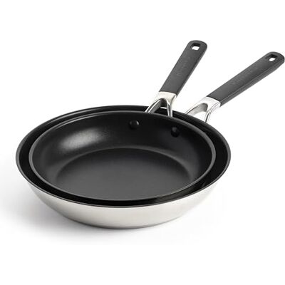 KitchenAid Classic rostfritt stål PFAS-Free Healthy Ceramic Non-Stick 2-delad stekpanna set, 24 cm och 28 cm, klädd, induktion, stay-coolt handtag, ugnssäker upp till 160 °C, silver KitchenAid Classic rostfritt stål PFAS-Free Healthy Ceramic Non-Stick 2-delad stekpanna set, 24 cm och 28 cm, klädd, induktion, stay-coolt handtag, ugnssäker upp till 160 °C, silver