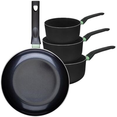 FACKELMANN 9430450 Set med 1 stekpanna på 30 cm och 3 kastruller 16, 18 och 20 cm, non-stick keramisk beläggning, PFAS-fri, alla spisar, induktion, ugn, aluminium, svart, grön, 16, 18 och 20 cm FACKELMANN 9430450 Set med 1 stekpanna på 30 cm och 3 kastruller 16, 18 och 20 cm, non-stick keramisk beläggning, PFAS-fri, alla spisar, induktion, ugn, aluminium, svart, grön, 16, 18 och 20 cm