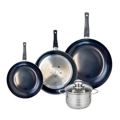 FACKELMANN ELO 9740450 4 delar köksredskap, set med 3 stekpannor 20, 24 och 28 cm och 1 gryta 14 cm Elo Prima Brilliant, rostfritt stål, induktion FACKELMANN ELO 9740450 4 delar köksredskap, set med 3 stekpannor 20, 24 och 28 cm och 1 gryta 14 cm Elo Prima Brilliant, rostfritt stål, induktion