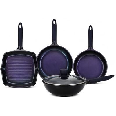 NutriChef 5 Delars Non-Stick Keramisk Stekpanna Set, Inkluderar Grillpanna och Wok, Fläckresistenta Stekpannor med Kallhandtag, Tempererat Glaslock, PTFE/PFOA/PFOS Fritt (Blå) NutriChef 5 Delars Non-Stick Keramisk Stekpanna Set, Inkluderar Grillpanna och Wok, Fläckresistenta Stekpannor med Kallhandtag, Tempererat Glaslock, PTFE/PFOA/PFOS Fritt (Blå)