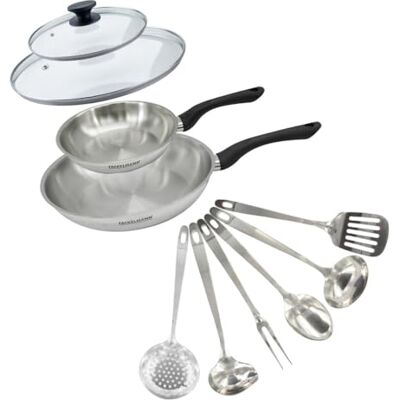 FACKELMANN Genève 2 stekpannor 20 och 28 cm rostfritt stål 18/8, 2 glaslock, 6 redskap i rostfritt stål, stekpanna för alla spisar, induktion, PFAS-fri, antracit, 10 st, 1 enhet FACKELMANN Genève 2 stekpannor 20 och 28 cm rostfritt stål 18/8, 2 glaslock, 6 redskap i rostfritt stål, stekpanna för alla spisar, induktion, PFAS-fri, antracit, 10 st, 1 enhet
