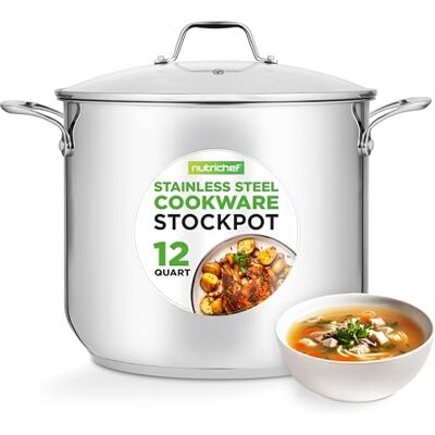 NutriChef 12-Quart Stainless Steel Stock Pot 18/8 Food Grade Stainless Steel Heavy Duty Induction Stock, Stew, Simmering, Soup with See-Through Lid, Dishwasher Safe NutriChef 12-Quart Stainless Steel Stock Pot 18/8 Food Grade Stainless Steel Heavy Duty Induction Stock, Stew, Simmering, Soup with See-Through Lid, Dishwasher Safe