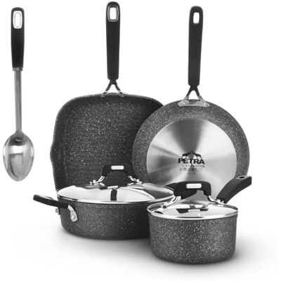 KASANOVA Batteri med New Petra Dark kastruller, kastruller och stekpannor för induktion och ugn upp till 180 °C, non-stick med grytlapp och stålsked (7 stycken) KASANOVA Batteri med New Petra Dark kastruller, kastruller och stekpannor för induktion och ugn upp till 180 °C, non-stick med grytlapp och stålsked (7 stycken)