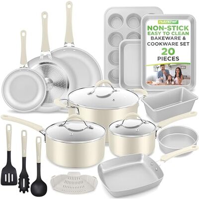 NutriChef 20-delat Non-Stick Bakredskap & Kokkärl Set – Redskap Inklusive Kastruller och Bakformar av Hållbart Aluminium, Hårda Glaslock, Värmebeständiga Redskap, Lätt att Rengöra Design (Vit) NutriChef 20-delat Non-Stick Bakredskap & Kokkärl Set – Redskap Inklusive Kastruller och Bakformar av Hållbart Aluminium, Hårda Glaslock, Värmebeständiga Redskap, Lätt att Rengöra Design (Vit)