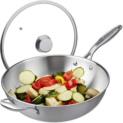 Relaxdays Wok, diameter 32 cm, rostfritt stål, glaslock, induktionsspis, gas, elektrisk, silver Relaxdays Wok, diameter 32 cm, rostfritt stål, glaslock, induktionsspis, gas, elektrisk, silver