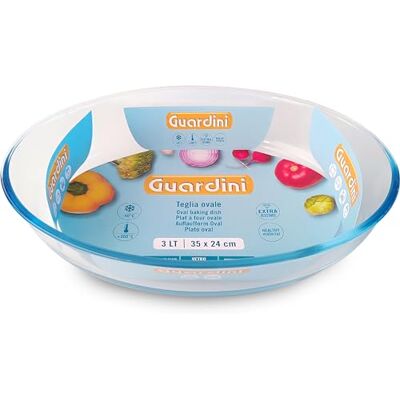 Guardini , Oval bakplåt av borosilikatglas, värmestötsäker, 35 x 24 x 7 cm 3L, transparent/blå Guardini , Oval bakplåt av borosilikatglas, värmestötsäker, 35 x 24 x 7 cm 3L, transparent/blå