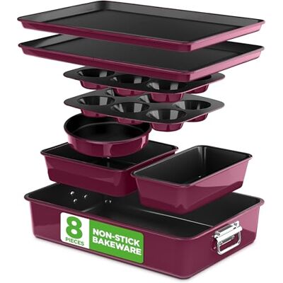 NutriChef Non-stick bakredskap, 8-delar, stapelbara ugnssäkra bakplåtar, kaklakan, limpa, muffin, pizza, runda, fyrkantiga kakpannor, platsbesparande köksbakredskap NutriChef Non-stick bakredskap, 8-delar, stapelbara ugnssäkra bakplåtar, kaklakan, limpa, muffin, pizza, runda, fyrkantiga kakpannor, platsbesparande köksbakredskap