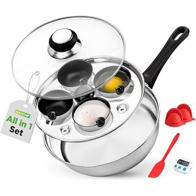 NutriChef Egg Poacher Pan Set 7.87” Stainless Steel Egg Cooker med 4 Nonstick Poaching Cups, Glaslock, Timer, Ugnsvante, och Spatula för Perfekta Pocherade Ägg, Induktionskompatibel (Silver) NutriChef Egg Poacher Pan Set 7.87” Stainless Steel Egg Cooker med 4 Nonstick Poaching Cups, Glaslock, Timer, Ugnsvante, och Spatula för Perfekta Pocherade Ägg, Induktionskompatibel (Silver)
