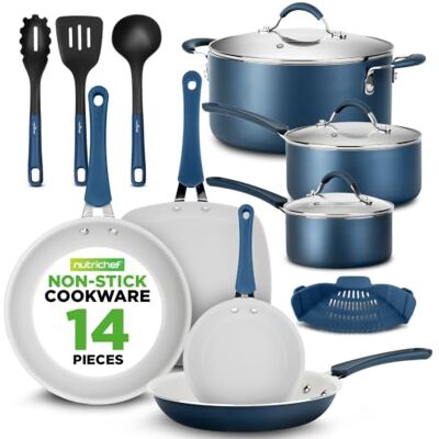 NutriChef , stapelbara kastruller och stekpannor set i keramik non-stick pannset, induktionshäll köksredskap, premium matlagningsset med lock, värmebeständig, 14 st, blå NutriChef , stapelbara kastruller och stekpannor set i keramik non-stick pannset, induktionshäll köksredskap, premium matlagningsset med lock, värmebeständig, 14 st, blå