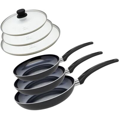 ELO 9807850 set med 3 aluminiumstekpannor och 3 glas matlagningslock, stekpanna utom induktion, matlagning, PFAS-fri, aluminium, rostfritt stål, glas, plast, 28 x 5 cm ELO 9807850 set med 3 aluminiumstekpannor och 3 glas matlagningslock, stekpanna utom induktion, matlagning, PFAS-fri, aluminium, rostfritt stål, glas, plast, 28 x 5 cm