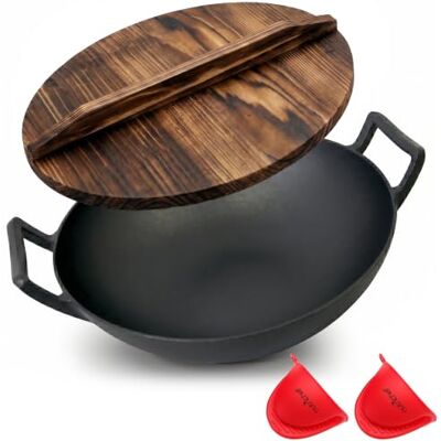 Nutrichef förkryddad gjutform panna – 5,5 L slitstark non-stick järn kinesisk wok eller omrörningsstekpanna med trälock, för elektrisk spis topp, induktion, stor, svart Nutrichef förkryddad gjutform panna – 5,5 L slitstark non-stick järn kinesisk wok eller omrörningsstekpanna med trälock, för elektrisk spis topp, induktion, stor, svart