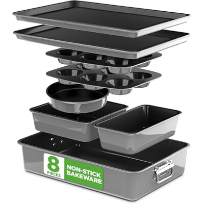 NutriChef Non-stick stapelbara bakredskap, 8-delar, PFOA PFOS PTFE-fri, ugnssäker upp till 232°C, inkluderar rund tårta, limpa, muffin, fyrkantig, kakbrickor, kök köksredskap bakset (grå) NutriChef Non-stick stapelbara bakredskap, 8-delar, PFOA PFOS PTFE-fri, ugnssäker upp till 232°C, inkluderar rund tårta, limpa, muffin, fyrkantig, kakbrickor, kök köksredskap bakset (grå)