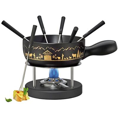 Spring Ostfondue-set MONTANA tillverkad av keramik svart med gyllene alpmotiv Rechaud-brännare av metall/rostfritt stål inkl. 6 fondue-gafflar lämplig för alla fondue-typer 2 l Ø 22 cm Spring Ostfondue-set MONTANA tillverkad av keramik svart med gyllene alpmotiv Rechaud-brännare av metall/rostfritt stål inkl. 6 fondue-gafflar lämplig för alla fondue-typer 2 l Ø 22 cm