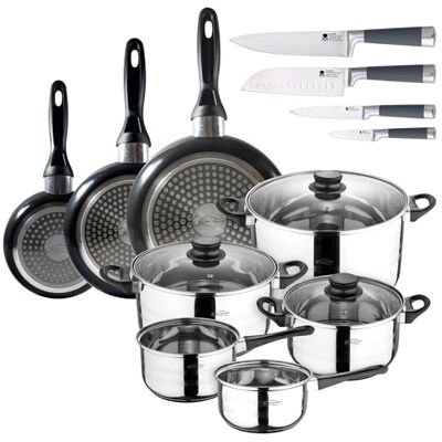 San Ignacio Kokkärl 8 delar: 2 kastruller ø16 och ø18; kastruller ø20 ø24 och ø28 + set 3 stekpannor 16-20-24 cm i pressad aluminium + köksknivset San Ignacio Kokkärl 8 delar: 2 kastruller ø16 och ø18; kastruller ø20 ø24 och ø28 + set 3 stekpannor 16-20-24 cm i pressad aluminium + köksknivset