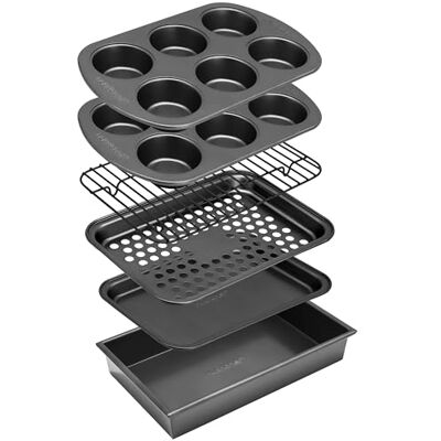 NutriChef Set med 6 Bakredskap för Ugn, Kompakt Stapelbart Set med Non-stick Muffinsformar, Ugnsplåt och Bakplåtar, Hållbar Fläckbeständig Kolstål för Tostarugnar NutriChef Set med 6 Bakredskap för Ugn, Kompakt Stapelbart Set med Non-stick Muffinsformar, Ugnsplåt och Bakplåtar, Hållbar Fläckbeständig Kolstål för Tostarugnar