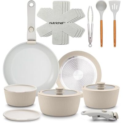 NutriChef 18-delars Keramisk Kök Set med Avtagbara Handtag, Non-stick Kastruller och Stekpannor, Naturlig Keramisk Beläggning Fri från PTFE, Kompakt Design, Ugns- och Spis-kompatibel, Krämfärg NutriChef 18-delars Keramisk Kök Set med Avtagbara Handtag, Non-stick Kastruller och Stekpannor, Naturlig Keramisk Beläggning Fri från PTFE, Kompakt Design, Ugns- och Spis-kompatibel, Krämfärg
