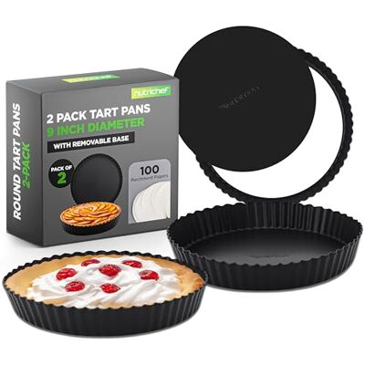 NutriChef Round Tart Trays 2 Pc, 23cm Carbon Steel Nonstick Baking Set with Removable Base, Even Heat Distribution, Includes 100 Parchment Papers, Tart Pie Moulds for Baking, Mini Cake Pans, Black NutriChef Round Tart Trays 2 Pc, 23cm Carbon Steel Nonstick Baking Set with Removable Base, Even Heat Distribution, Includes 100 Parchment Papers, Tart Pie Moulds for Baking, Mini Cake Pans, Black