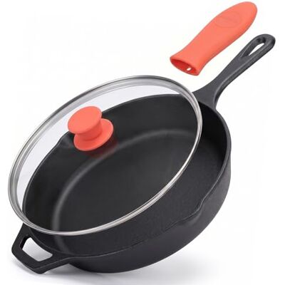 NutriChef 10" Förstekt Gjutjärn Stekpanna – PFOA-fri Ugnssäker Non-Stick Kokkärl Stekpanna med Glaslock, Hällkant, Silikongrepp – Passar för Gas-/El-/Keramiska-/Induktionshällar NutriChef 10" Förstekt Gjutjärn Stekpanna – PFOA-fri Ugnssäker Non-Stick Kokkärl Stekpanna med Glaslock, Hällkant, Silikongrepp – Passar för Gas-/El-/Keramiska-/Induktionshällar