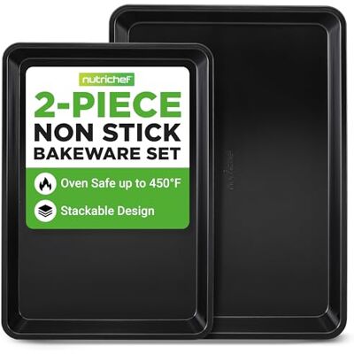 Nutrichef Baking Pans Set 2-Pack Non-Stick Cookie Sheet Bakeware, Durable Food-Grade Metal, Easy-to-Clean Oven Trays, Dishwasher Safe, Stain-Resistant, Fits Toaster & Convection Ovens (Black) Nutrichef Baking Pans Set 2-Pack Non-Stick Cookie Sheet Bakeware, Durable Food-Grade Metal, Easy-to-Clean Oven Trays, Dishwasher Safe, Stain-Resistant, Fits Toaster & Convection Ovens (Black)