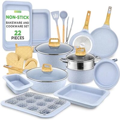 NutriChef 22-delat köksredskap och bakredskap set professionell hemkökskollektion med flerfärgade krukor, stekpannor, non-stick och värmebeständiga verktyg (mångrå marmor) NutriChef 22-delat köksredskap och bakredskap set professionell hemkökskollektion med flerfärgade krukor, stekpannor, non-stick och värmebeständiga verktyg (mångrå marmor)