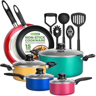 Nutrichef , Set med 15 delar krukor och stekpannor – non-stick köksredskapsset, induktionshäll, premium matlagningsset med lock, värmebeständig, kastrull, stekpannor, ugnsgryta, lock, färgglad Nutrichef , Set med 15 delar krukor och stekpannor – non-stick köksredskapsset, induktionshäll, premium matlagningsset med lock, värmebeständig, kastrull, stekpannor, ugnsgryta, lock, färgglad