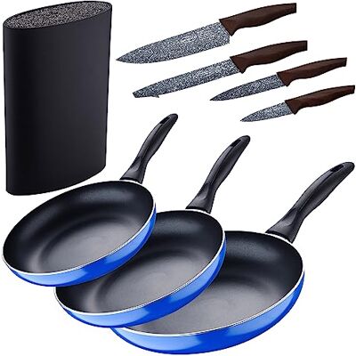 San Ignacio Set 3pc stekpanna (16+20+24cm) pressad aluminium, induktion, blå Navy Paradise med 4pc rostfritt stål knivar med Tacoma/knivblock San Ignacio Set 3pc stekpanna (16+20+24cm) pressad aluminium, induktion, blå Navy Paradise med 4pc rostfritt stål knivar med Tacoma/knivblock