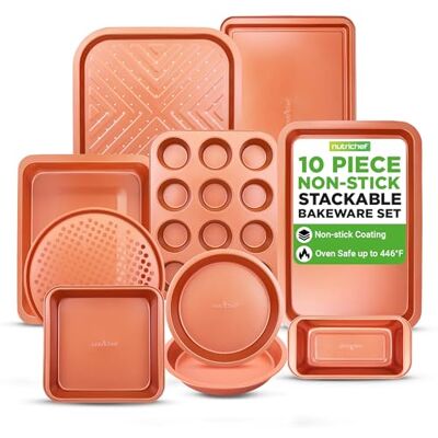 NutriChef 10-Piece Nonstick Copper Bakeware Set PFOA PFOS PTFE Free Food Grade Safe Carbon Steel Baking Tray Set Oven Safe Up to 450°F, Pizza, Loaf, Muffin, Round/Square Pans, Copper NCBSCC54 NutriChef 10-Piece Nonstick Copper Bakeware Set PFOA PFOS PTFE Free Food Grade Safe Carbon Steel Baking Tray Set Oven Safe Up to 450°F, Pizza, Loaf, Muffin, Round/Square Pans, Copper NCBSCC54