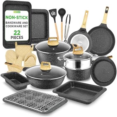 NutriChef Set med non-stick kastruller och stekpannor med beläggning 22-delar, matlagningsset inkluderar grytset, köksredskap, bakutrustning, värmebeständiga verktyg, 20 cm–30 cm, svart NutriChef Set med non-stick kastruller och stekpannor med beläggning 22-delar, matlagningsset inkluderar grytset, köksredskap, bakutrustning, värmebeständiga verktyg, 20 cm–30 cm, svart