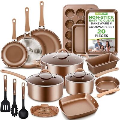 NutriChef Köksredskap och bakverk, köksredskap och non-stick stekpannor, lämplig för gasspisar, elektriska, induktionsspisar, Cool-Touch-handtag, 20 st-guld NutriChef Köksredskap och bakverk, köksredskap och non-stick stekpannor, lämplig för gasspisar, elektriska, induktionsspisar, Cool-Touch-handtag, 20 st-guld