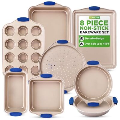 NutriChef Bakpannor för Ugn Set med Bakredskap med Guld Non-stick Beläggning Inuti och Utsidan, Kolstål med Blå Silikonhandtag, Hållbara och Tillförlitliga Kakformsstil NutriChef Bakpannor för Ugn Set med Bakredskap med Guld Non-stick Beläggning Inuti och Utsidan, Kolstål med Blå Silikonhandtag, Hållbara och Tillförlitliga Kakformsstil