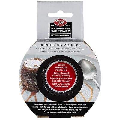 Tala Performance 4 Mini puddingformar, 9,2 x 9,2 x 5,06 cm, tillverkad av Professional Gauge kolstål med Eclipse Premium Non-Stick beläggning; kakformer, perfekt för svamp och julpuddingar Tala Performance 4 Mini puddingformar, 9,2 x 9,2 x 5,06 cm, tillverkad av Professional Gauge kolstål med Eclipse Premium Non-Stick beläggning; kakformer, perfekt för svamp och julpuddingar