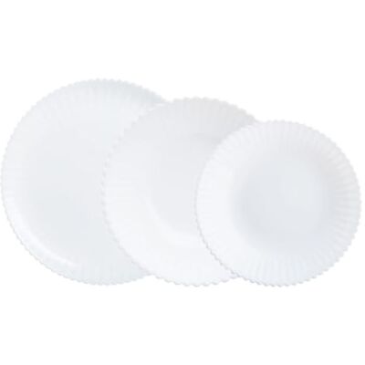 Luminarc Bloom middagsservis i opalglas, vit, 18 delar, 6 personer Präglad på skärkanten, 25 cm (10 tum), djup 23 cm och desserttallrik på 20 cm – diskmaskinssäker Luminarc Bloom middagsservis i opalglas, vit, 18 delar, 6 personer Präglad på skärkanten, 25 cm (10 tum), djup 23 cm och desserttallrik på 20 cm – diskmaskinssäker