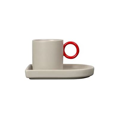 BY ON Niki Espressokopp med underlägg, porslin, grå/röd, kopp för espresso med underlägg, tallrik, skandinavisk design, retrodesignmugg av porslin BY ON Niki Espressokopp med underlägg, porslin, grå/röd, kopp för espresso med underlägg, tallrik, skandinavisk design, retrodesignmugg av porslin