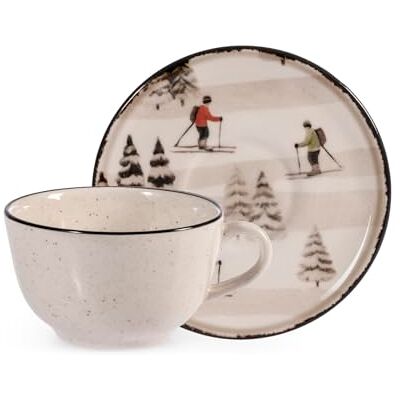 H&H Set med 2 tekoppar/cappuccino i 200 cc sten med fat – retro skier dekoration, beige prickad med svart kant, fat med snöiga backar och skidåkare, perfekt för vintern H&H Set med 2 tekoppar/cappuccino i 200 cc sten med fat – retro skier dekoration, beige prickad med svart kant, fat med snöiga backar och skidåkare, perfekt för vintern