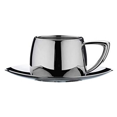 Café Stal DC-508 Art Deco 18/10 rostfritt stål espressokopp och fat med cool touch ihåliga handtag, spegel polerad Café Stal DC-508 Art Deco 18/10 rostfritt stål espressokopp och fat med cool touch ihåliga handtag, spegel polerad