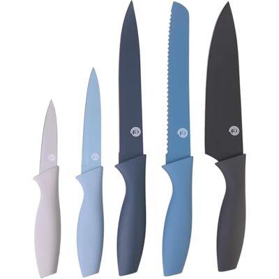 Master Chef MasterChef Köksknivar, set med kockknivar (kött, brödsåg, grönsaker och fisk), samling i rostfritt stål med mjuka handtag, multifunktionell, 5 delar, blå Master Chef MasterChef Köksknivar, set med kockknivar (kött, brödsåg, grönsaker och fisk), samling i rostfritt stål med mjuka handtag, multifunktionell, 5 delar, blå