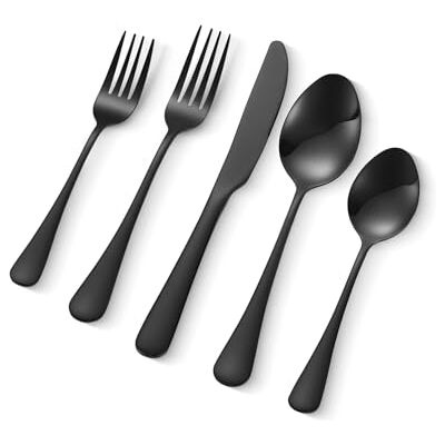 VEVOR 30-delars bestickset av rostfritt stål, högglanspolerat bestick-set, diskmaskinssäkert bestick, service för 6 personer, inklusive kniv gaffel sked svart VEVOR 30-delars bestickset av rostfritt stål, högglanspolerat bestick-set, diskmaskinssäkert bestick, service för 6 personer, inklusive kniv gaffel sked svart